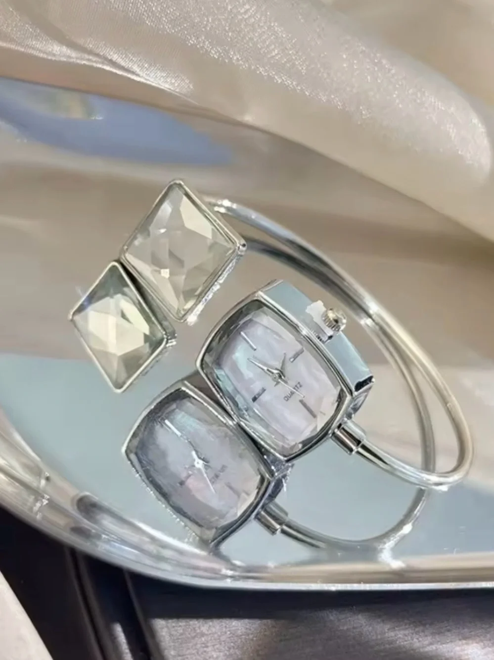 New Kohl’s Silver Open Cuff Quartz Watch Bracelet with Faceted Crystal Accent